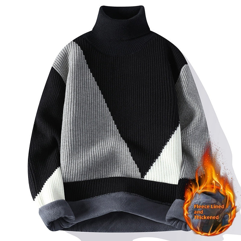 Contrast Color Turtleneck Men's Fleece-lined Knitting Bottoming Loose Sweater