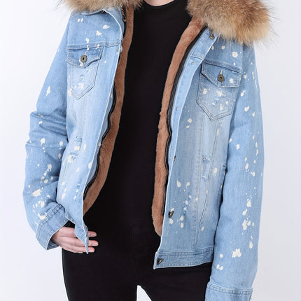Winter Denim Jacket With Faux Fur Trim Gradient Blue Black