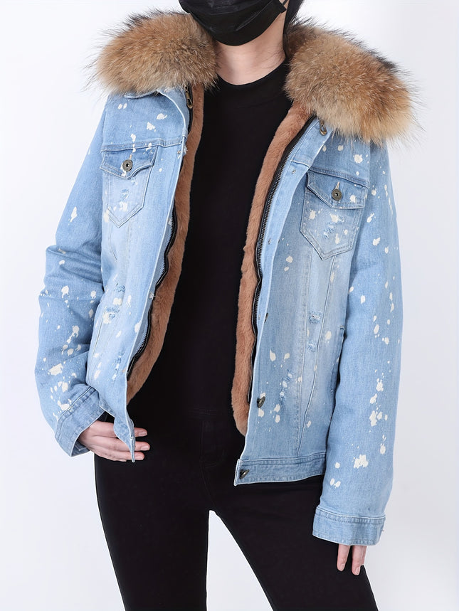 Winter Denim Jacket With Faux Fur Trim Gradient Blue Black