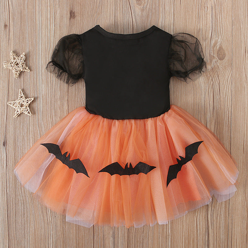 Short-sleeved Halloween Pumpkin Bat Printed Mesh Tulle Tutu Dress