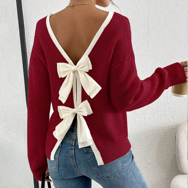 Women's Bow Sweater Long Sleeve Top, Open Back Crew Neck Split Pullover, Fall Trendy Going Out Sweater Hover Image