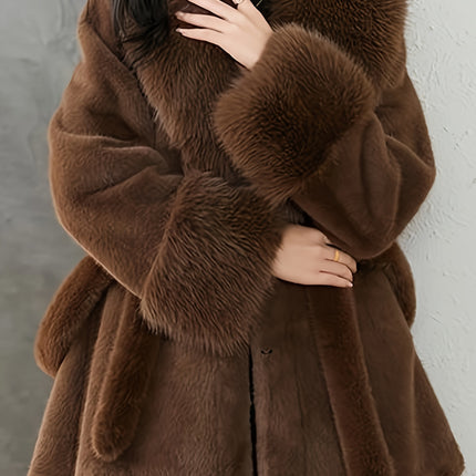 Womens Winter Fur Lined Coat With Oversized Hood And Belt