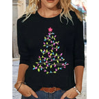 Women's Long Sleeve Merry Christmas T-Shirt, Cute Christmas Tree Graphic Tee, Funny Holiday Party Top
