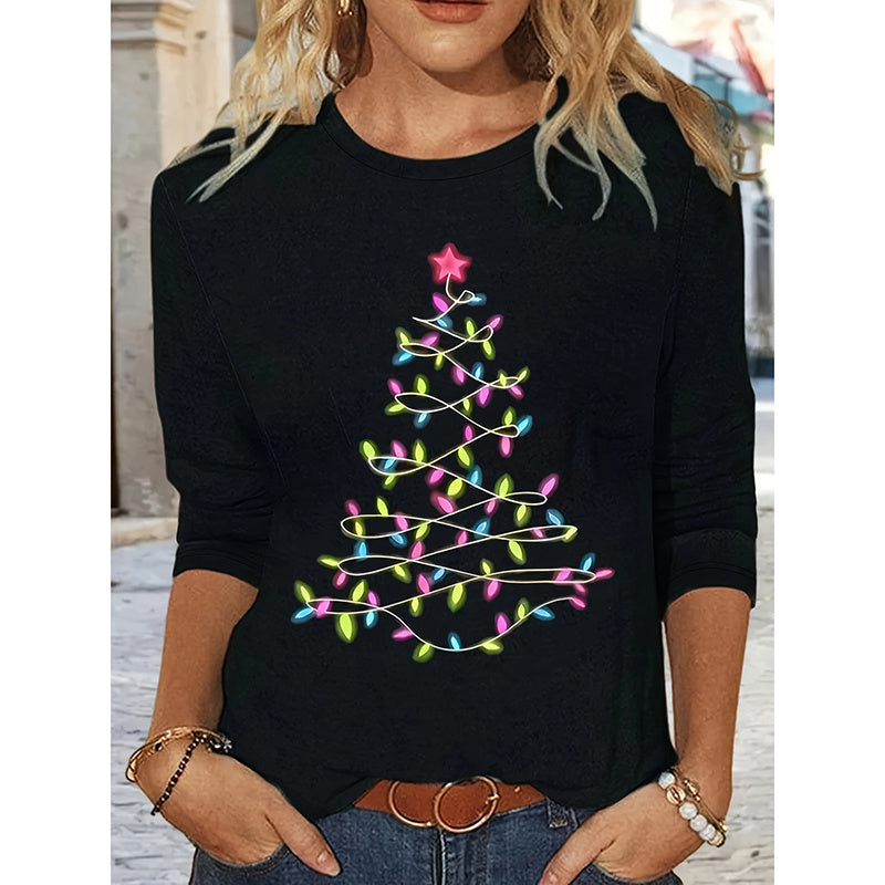 Women's Long Sleeve Merry Christmas T-Shirt, Cute Christmas Tree Graphic Tee, Funny Holiday Party Top