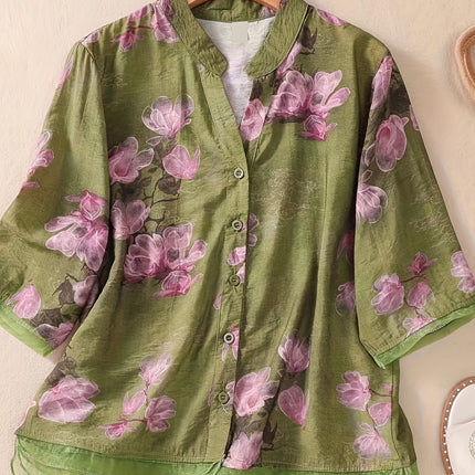 Womens Casual Floral Blouse Light Pink Purple Sleeve