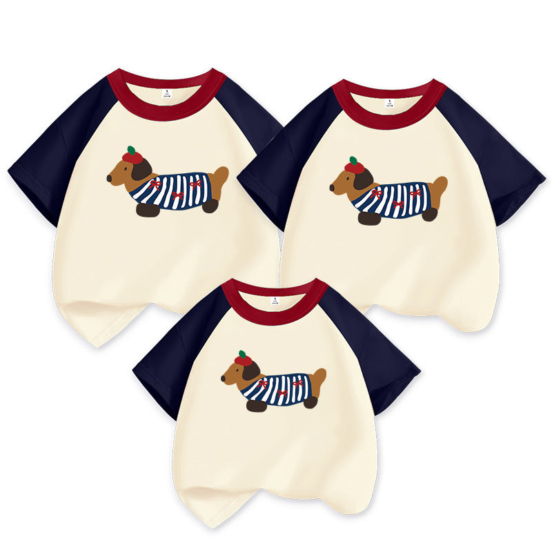 Dog Western Style Mother-daughter Matching Outfit Cotton Short Sleeve Contrast Color Korean Style