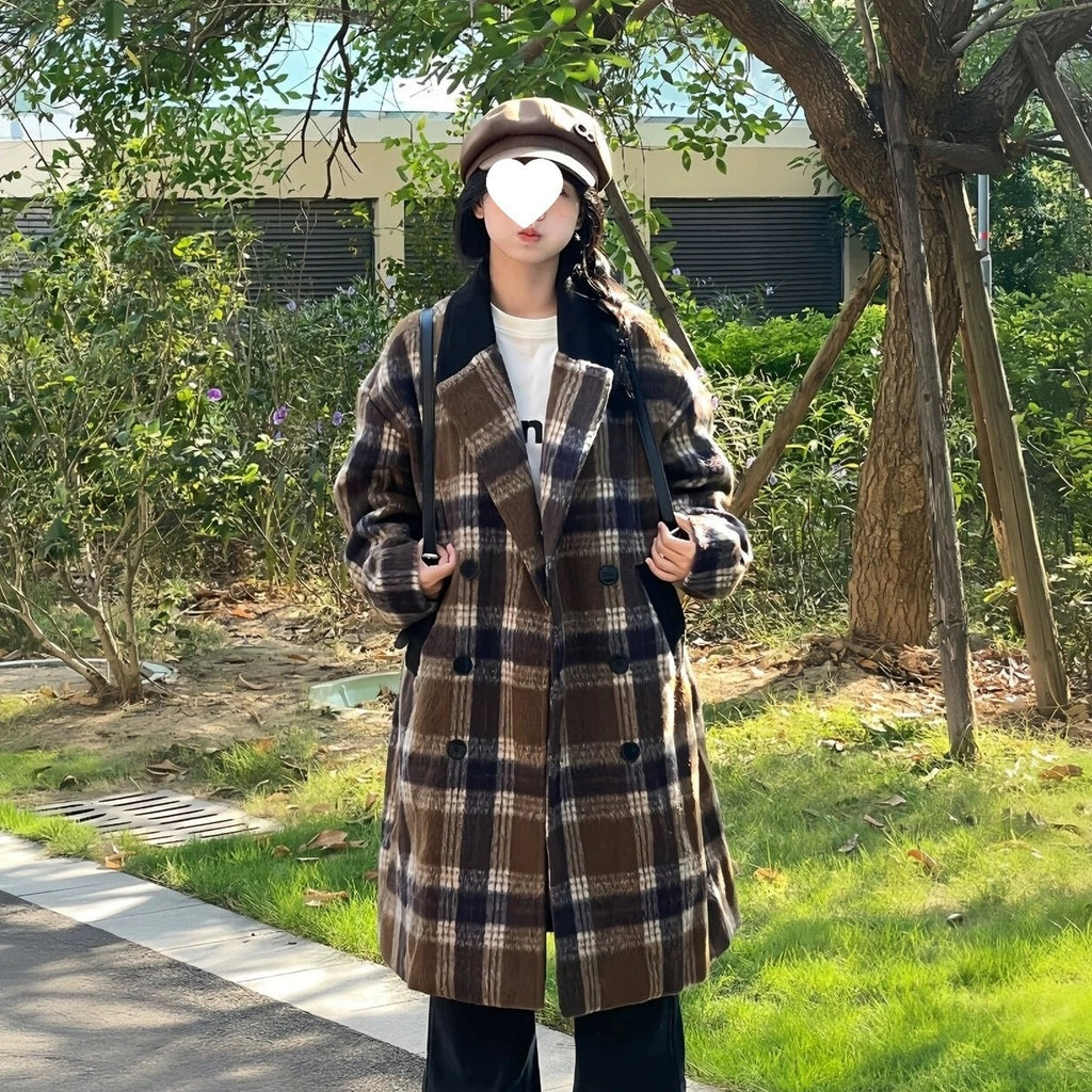 Women's Korean-style Plaid Coffee Woolen Overcoat