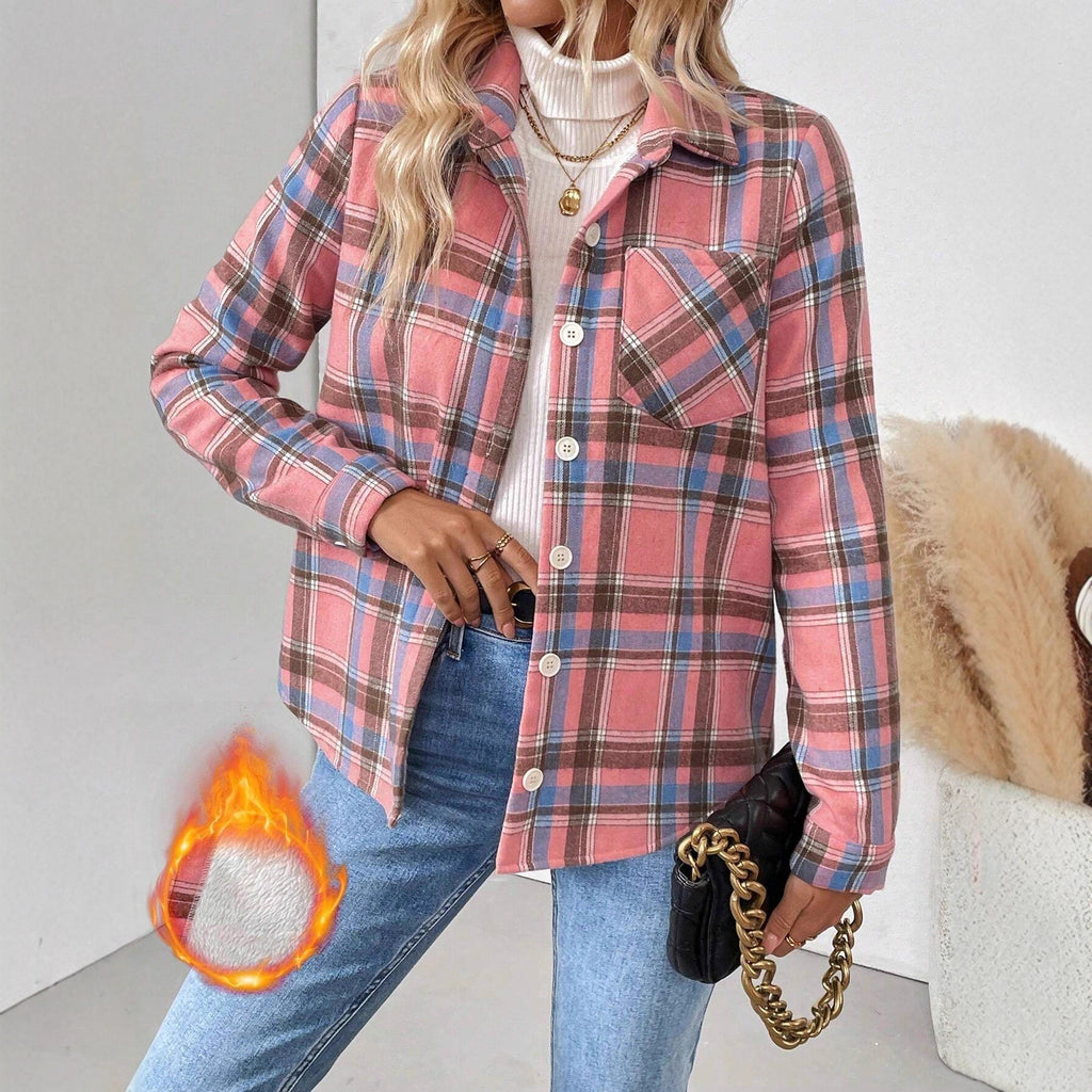 Woolen Woven Plaid Button Shirt Collar Jacket Top