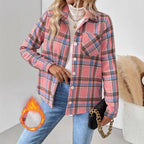 Woolen Woven Plaid Button Shirt Collar Jacket Top