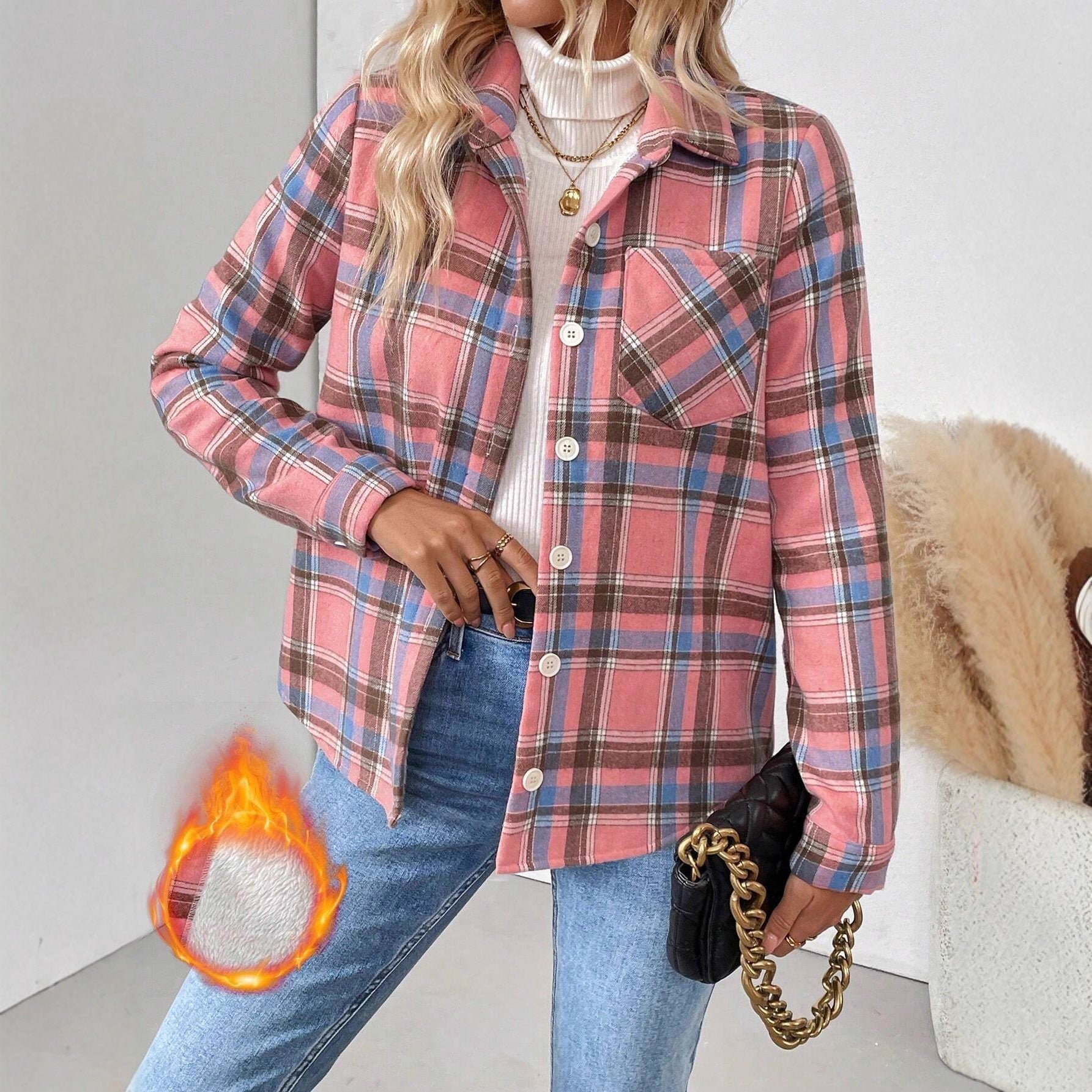 Woolen Woven Plaid Button Shirt Collar Jacket Top