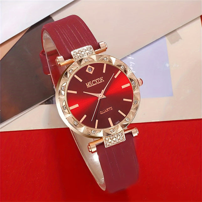 Womens Casual Red Wristwatch With Faux Leather Strap Quartz
