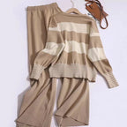 Korean Style Western Style Youthful-looking Striped V-neck Knitted Cardigan Wide Leg Pants Fashion Two-piece Suit