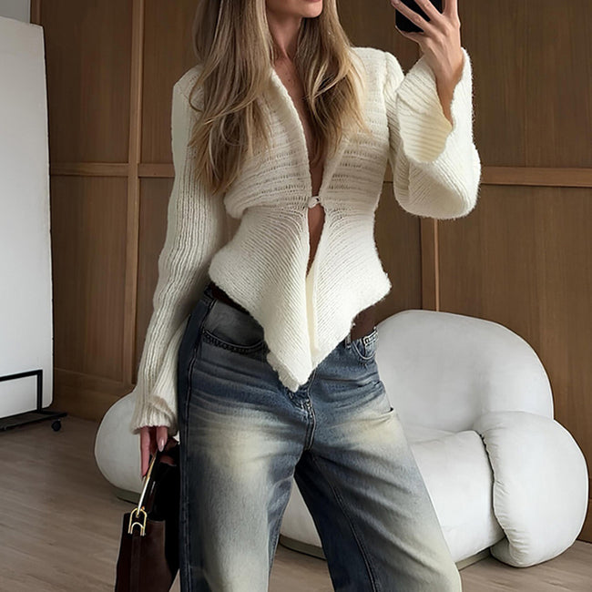 Elegant Irregular Hem Cardigan Sweater For Women Knitted Long Sleeve V Neck Trendy Open Front Sweaters Main Image