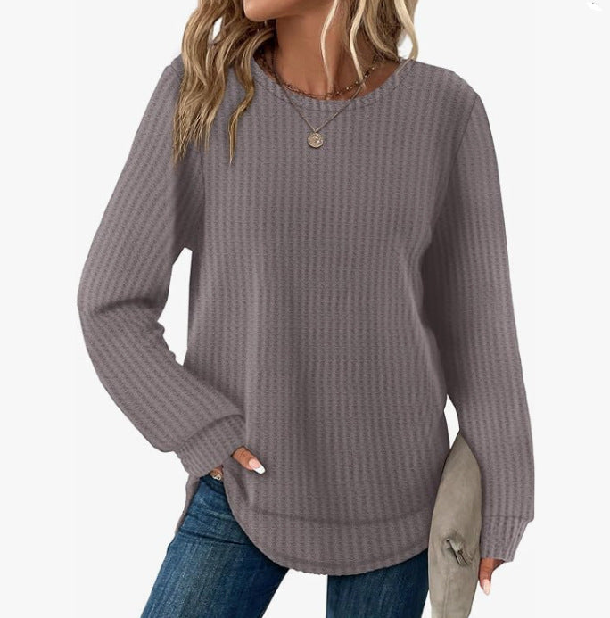 Waffle Loose Round Neck High And Low Curved Hem Top