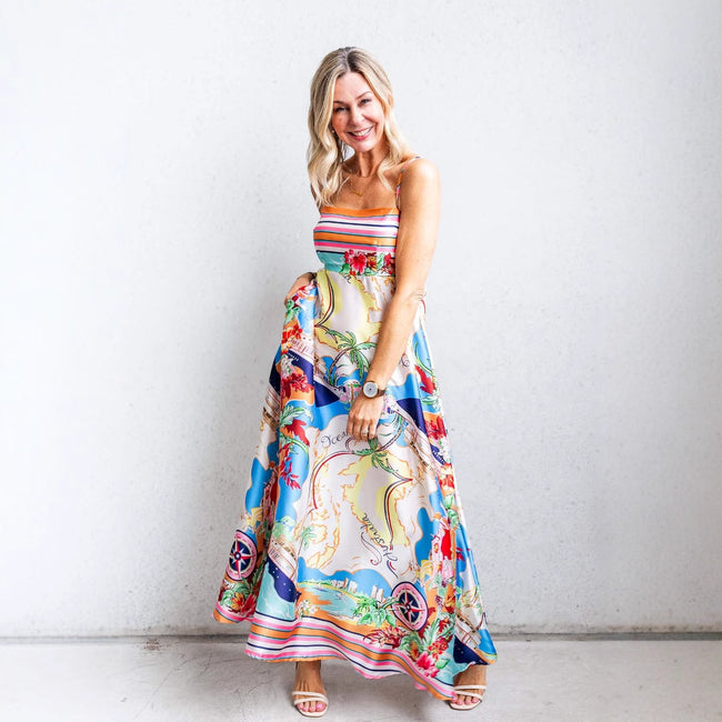 Women's High Waist Print Vacation Style Large Swing Suspender Dress Main Image