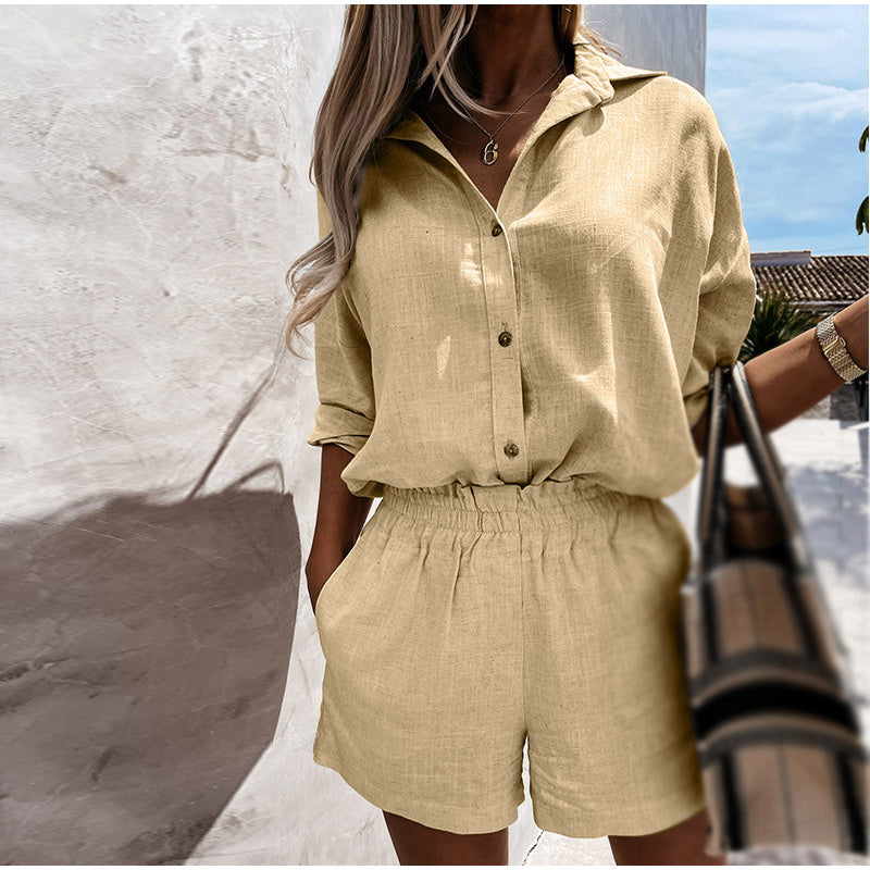 Women's Linen Shorts Suit Lapel Shirt