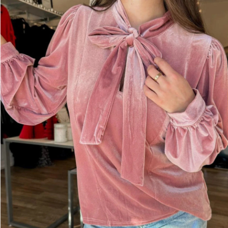 Fushia Solid Color Velvet Ribbon Bow Knot Long Sleeve Blouse