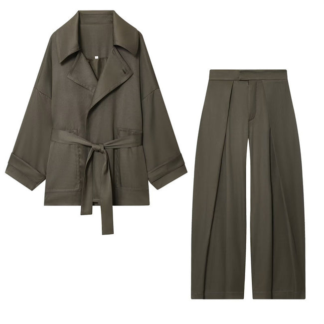 Women's Belt Coat Pleated Trousers Hover Image
