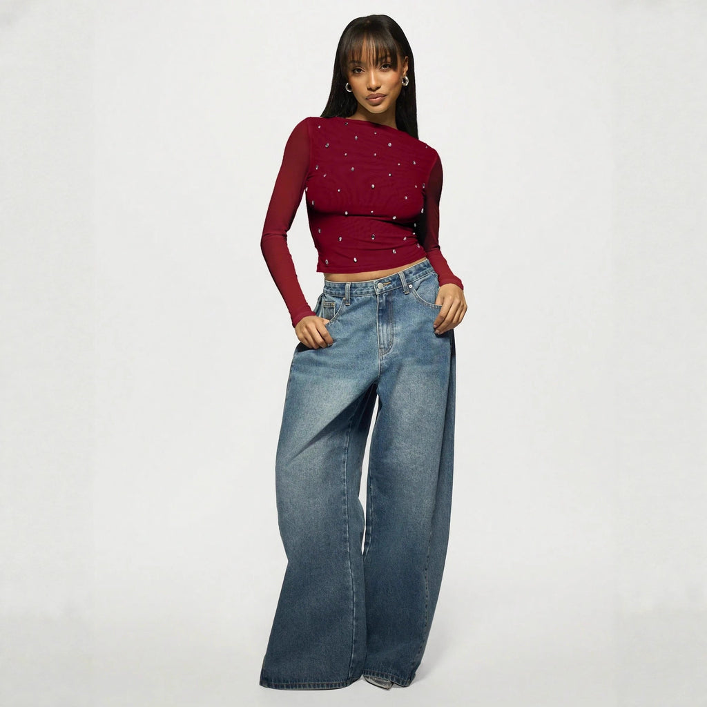 Long Sleeve Double-layer Mesh Rhinestone Fashion Women's Western Style Bottoming