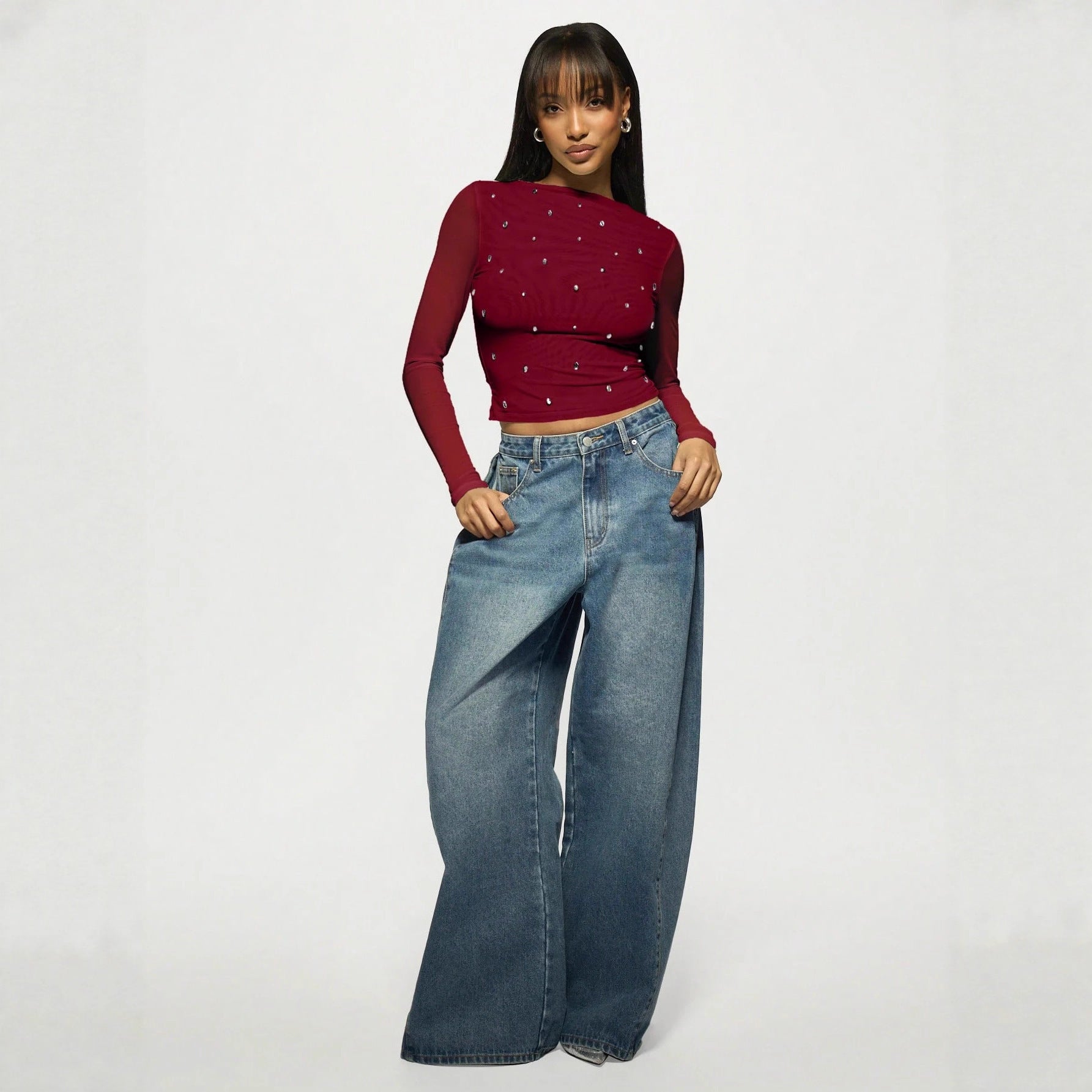 Long Sleeve Double-layer Mesh Rhinestone Fashion Women's Western Style Bottoming