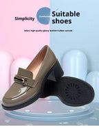 Dark Green Glossy Chunky Heel Metal Buckle Loafers For Women