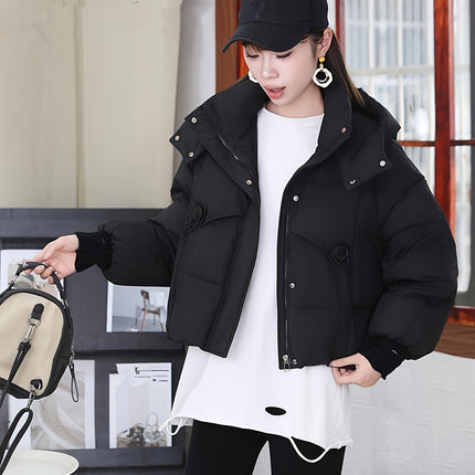 Snap Front Zip Up Hoodie Puffy Insulated Winter Coat Women
