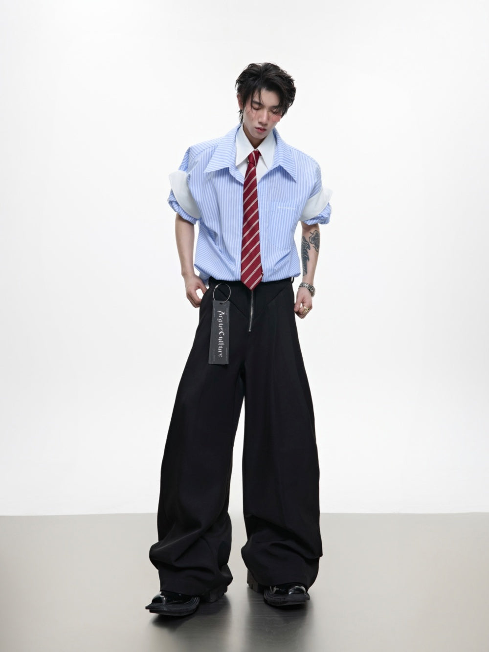 College Blue Striped Shirt Fake Two Pieces Short Sleeve Cardigan