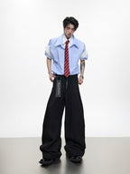 College Blue Striped Shirt Fake Two Pieces Short Sleeve Cardigan