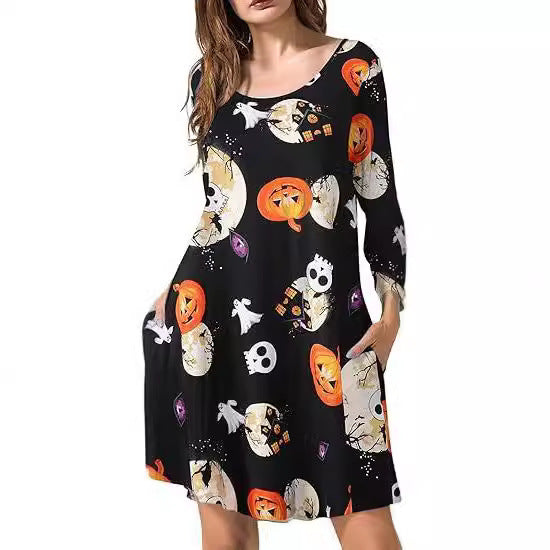 Halloween Christmas Holiday Color Casual Printed T-shirt Dress Main Image