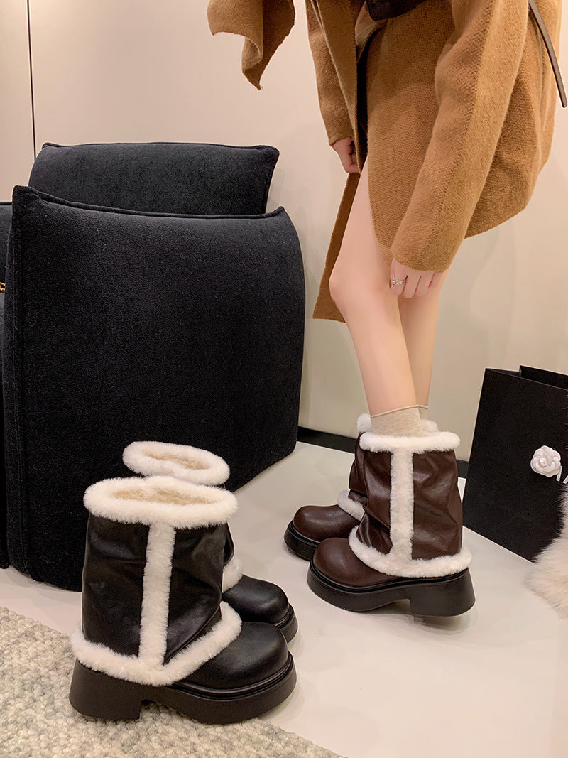 Women's Winter Faux Fur Lined Short Boots, Fashion Thick Bottom Ankle Booties With Warm Plush Trim For Casual Daily Wear
