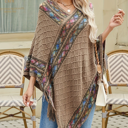 Women V Neck Fringe Sweater Geometric Pattern Long Sleeve