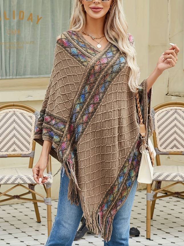 Women V Neck Fringe Sweater Geometric Pattern Long Sleeve