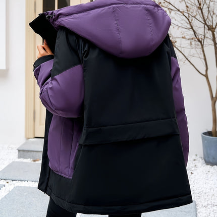 Color Block Zip Up Warm Puffer Jacket Hooded Outerwear