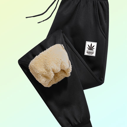 Men's Leaf Pattern Fleece Lining Warm Jogger Trousers