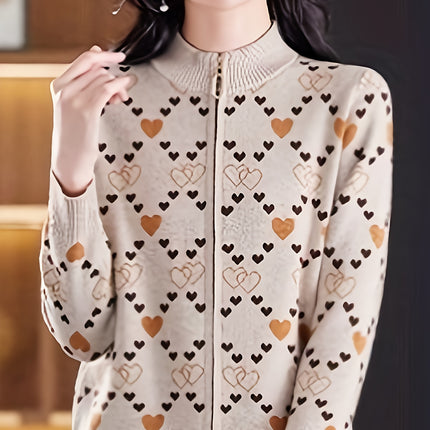 Women's Cardigan Sweater Brown Heart Zip Up Fall Winter