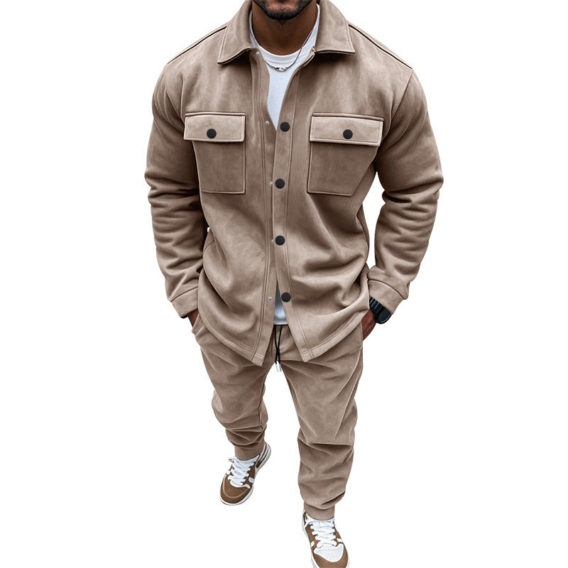 Men's Suede Solid Color Single-breasted Tooling Cardigan Two-piece Set