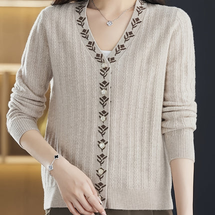 Chic Brown Floral Jacquard V Neck Cardigan for Women