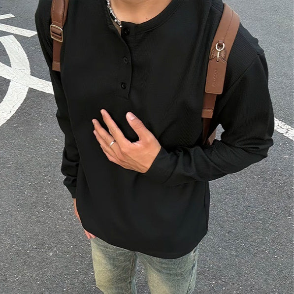 Black American Henry Collar Long-sleeved Men's Top Main Image