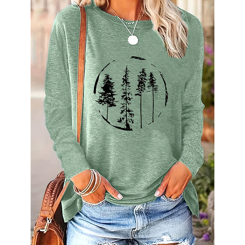 Women's Long Sleeve Merry Christmas T-Shirt, Cute Christmas Tree Graphic Tee, Funny Holiday Party Top