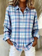 Women's Long-sleeved Lapel Plaid Button Shirt Top