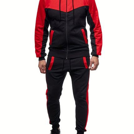 Mens Color Block Hoodie Set Two Piece Zip Up Joggers