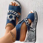 Newspaper Buckle Denim Wedge Slides - Anklet Not Included