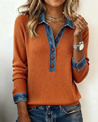Denim Collar Long Sleeve Pullover Patchwork Knitwear Top