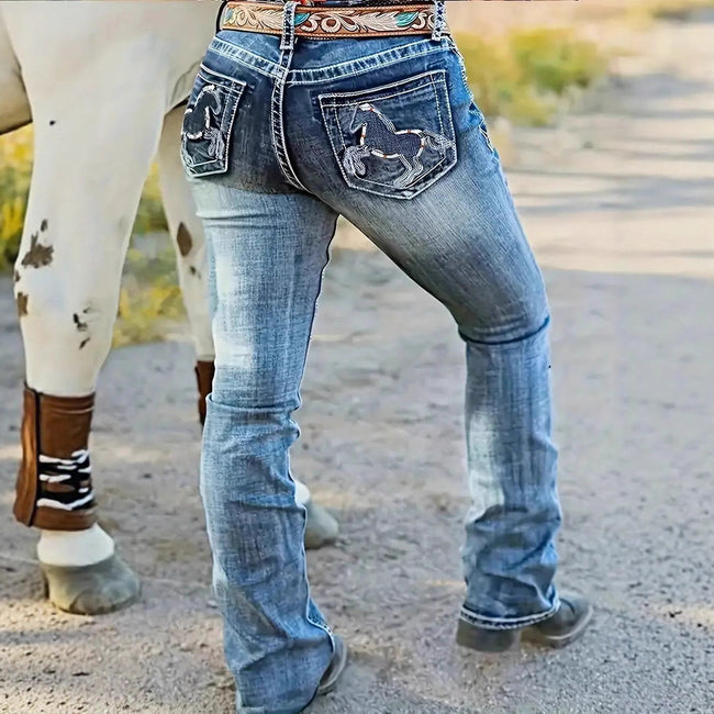 Hatchet Man Embroidery Women's High Waist Stretch Heavy Industry Washed Denim Straight-leg Trousers Main Image