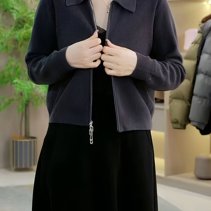 Womens Chic Zip Up Cardigan Solid Color Ribbed Open Front