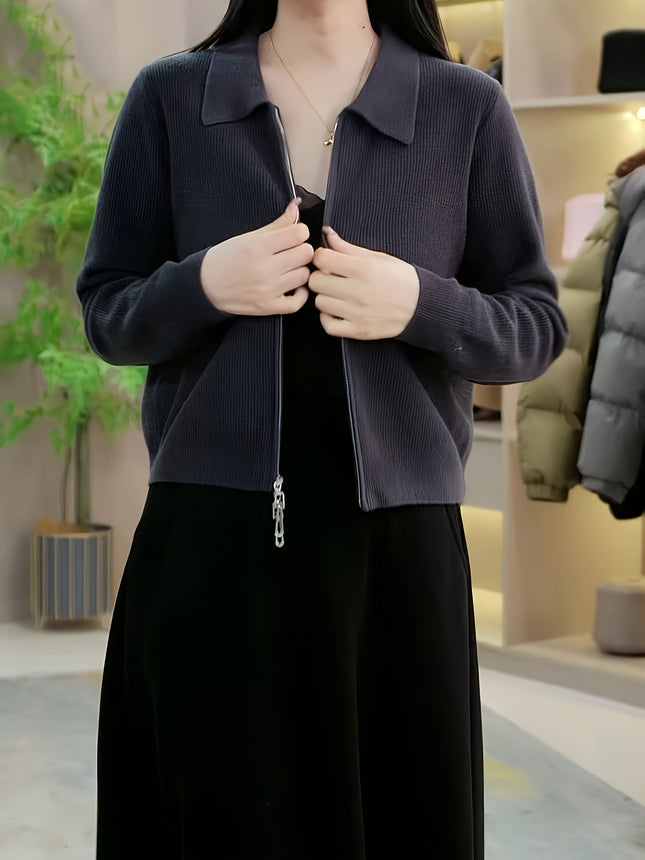 Womens Chic Zip Up Cardigan Solid Color Ribbed Open Front
