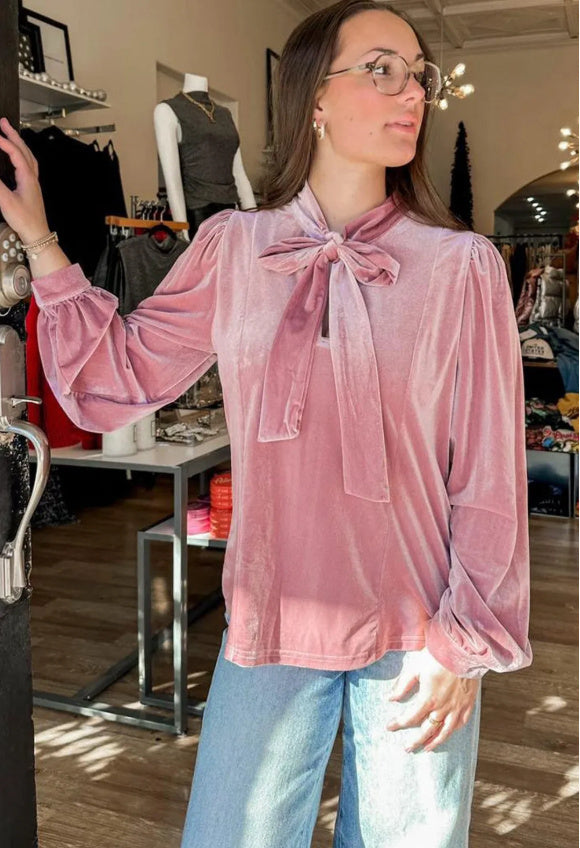 Fushia Solid Color Velvet Ribbon Bow Knot Long Sleeve Blouse Main Image