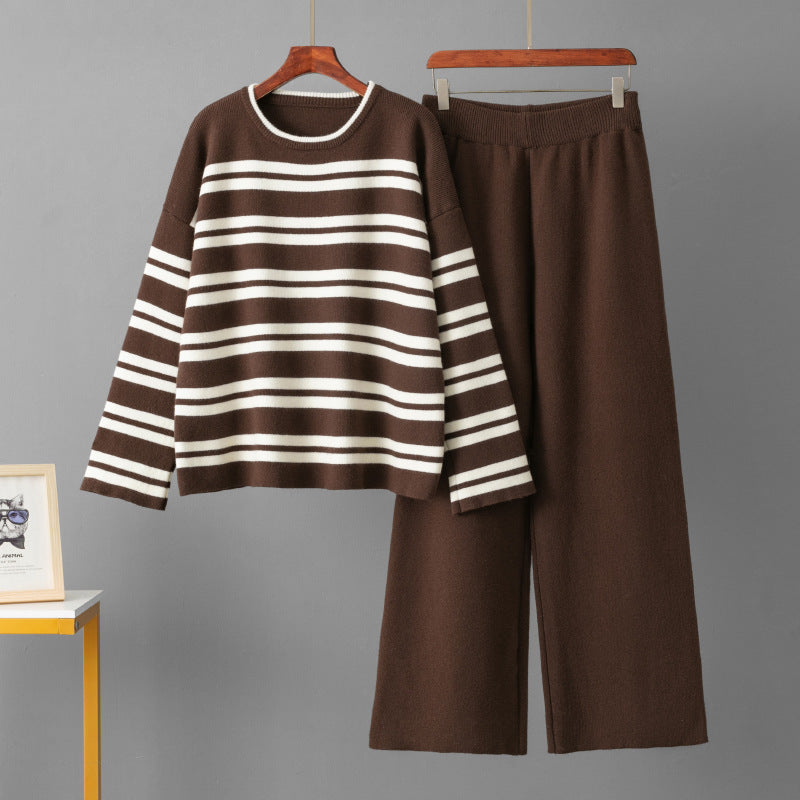 Casual Striped Loose Sweater Wide Leg Pants Two-piece Set