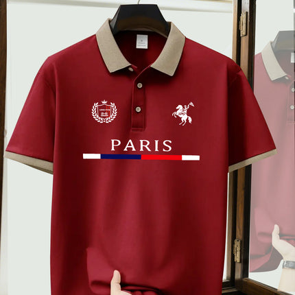 Mens Paris Print Polo Shirt Casual Summer Light Green Beige