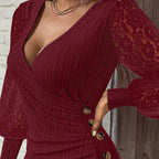 Women's Sexy Lace Bodycon Dress, Long Sleeve V Neck Ruched Wrap Mini Dress For Cocktail Party Club Night
